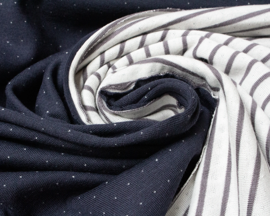 Organic Cotton Double-Faced Interlock Jersey in Navy Blue & Grey Stripe