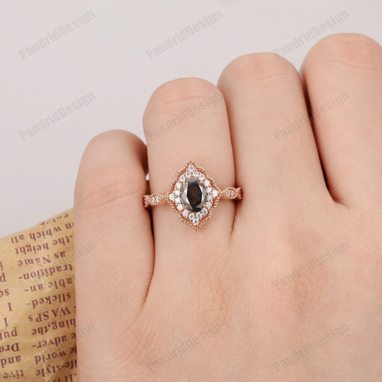 Vintage Salt & Pepper Diamond Engagement Ring Rose Gold, 5x7mm Oval Wedding Ring, Gemstone Proposal