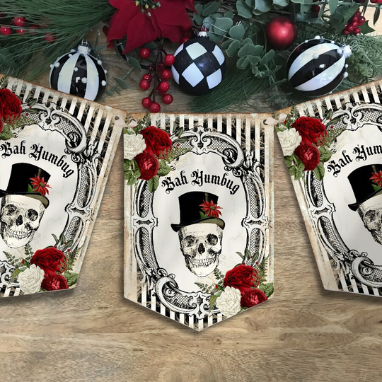 Skull Christmas Bah Humbug Bunting Goth Banner Garland Gothic Party Decoration Xmas Holiday Decor Seasons Greetings