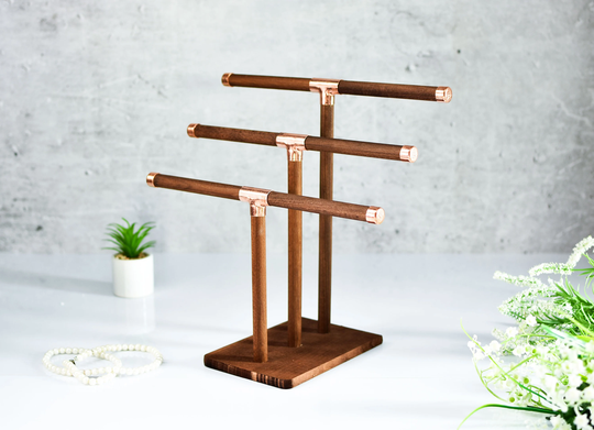 Copper & Wood Jewelry Organizer Watch Stand Rack , Bracelet Base, Wooden Holder Dock Loft Tray Three Crossbar, 3 Tier Gentle