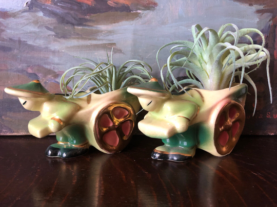 Vintage Hand Painted Asian Man With Cart Planter Set Of 2 Air Plant in Pulling