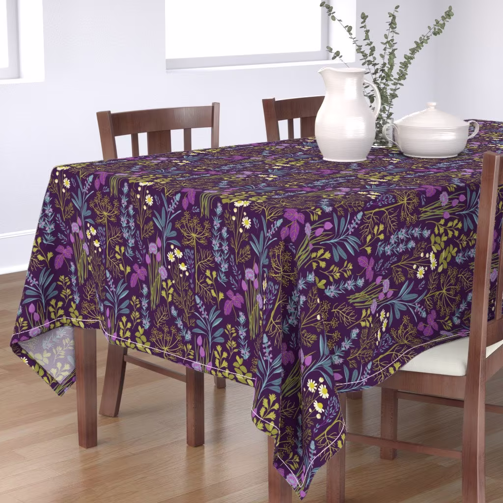 Herb Garden Tablecloth - Herbs By Cjldesigns Modern Botanical Green Purple Summer Fresh Kitchen Cotton Sateen Spoonflower