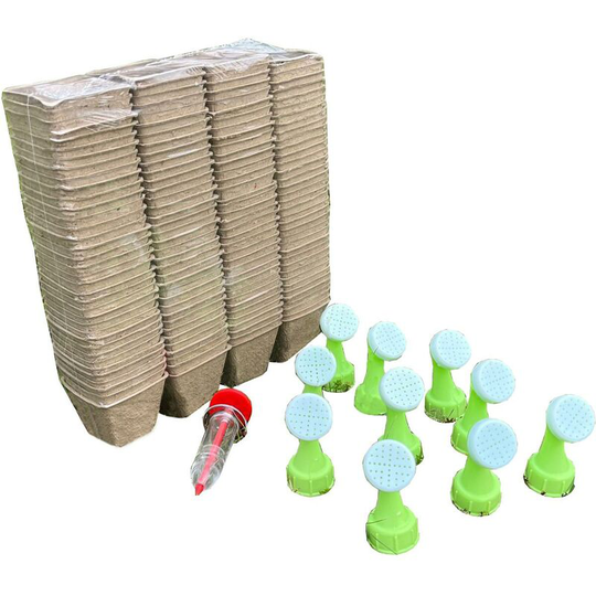 144 x 5cm Square Fibre Biodegradable Plant Pots with Seeder and 10 Watering Nozzles