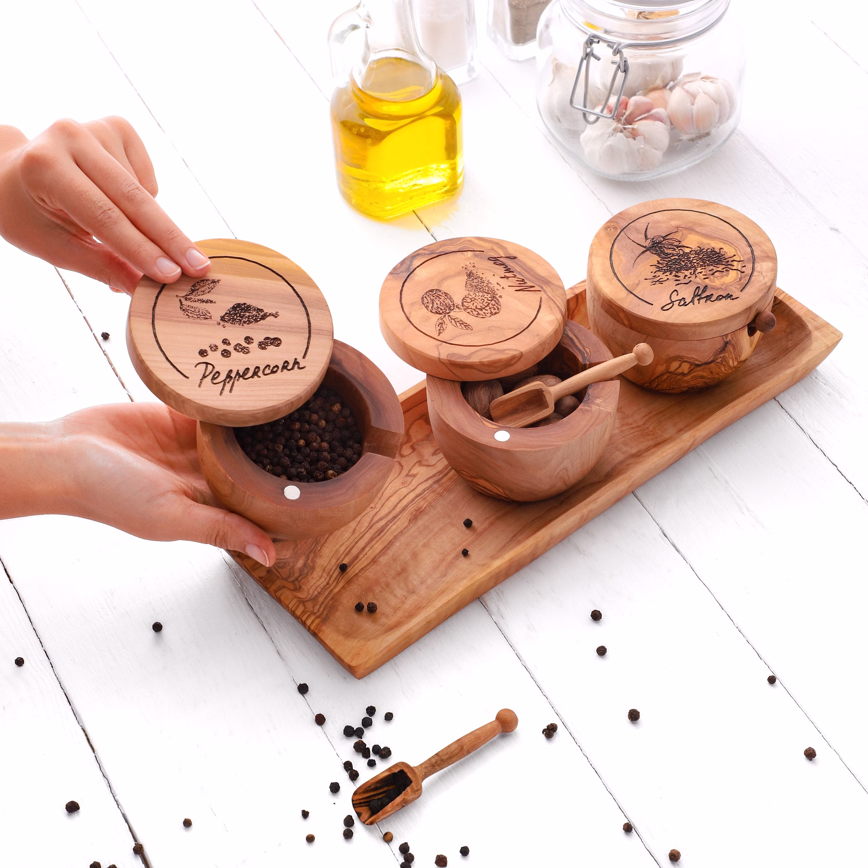 Spice Rack Handmade Of Olive Wood| Custom Wood Lid Jars & Salt Box | +Free Personalization & Conditioner Pot