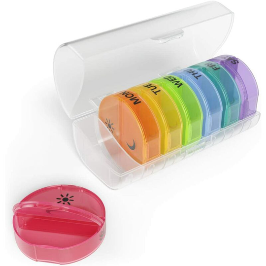 Weekly pill organizer (7 days), vitamin and medicine box, large pop-up compartment, 2 dailies, rainbow colors