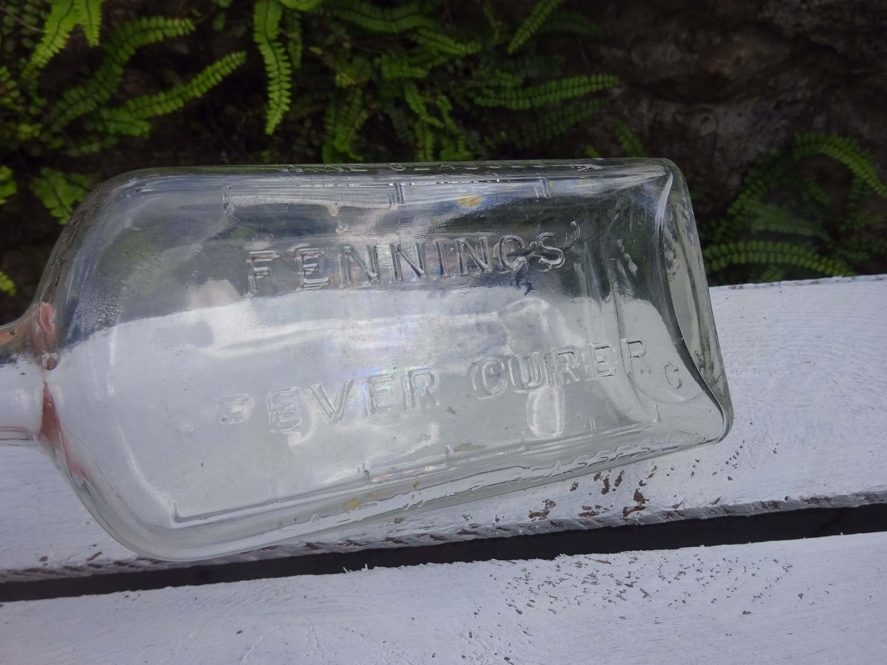 Vintage Clear Glass Medicine Bottle For Fennings' Fever Curer With Graduation Marks Half Wine & Full Glass, Chemist