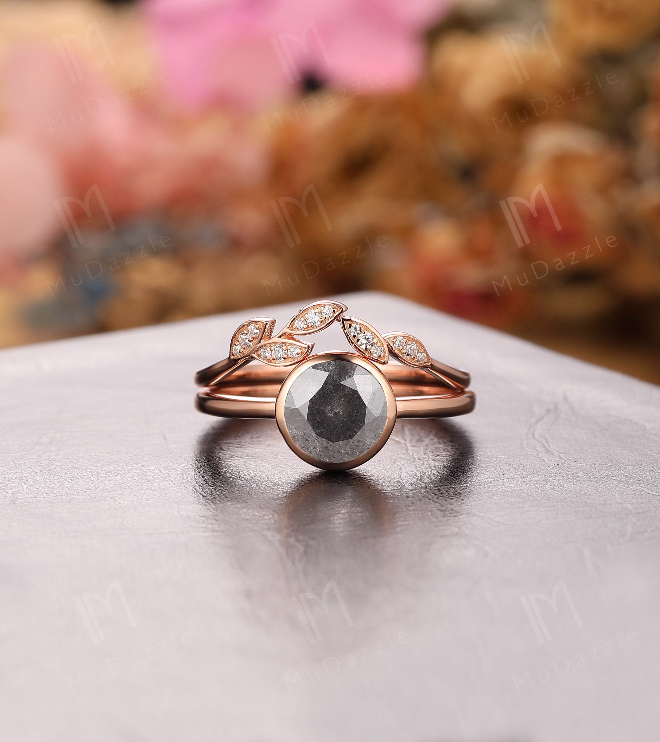 Bezel Set 6.5mm Round Salt Pepper Moissanite Wedding Ring Set// Solitaire Ring// Grey Bridal Set/Antique Gray