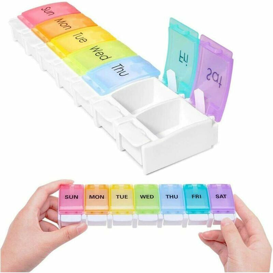 7 Day Medicine Pill Organizer, Portable Plastic Travel Weekly Pill Box 7 Large Size Compartments - 7 Color