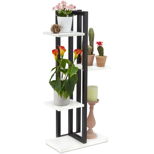 Metal Flower Stand, 4-Tier Indoor Pot Shelf Ladder, Wooden Look, HxWxD: 93 x 42.5 x 22.5 cm, Plant Rack, White - Relaxdays