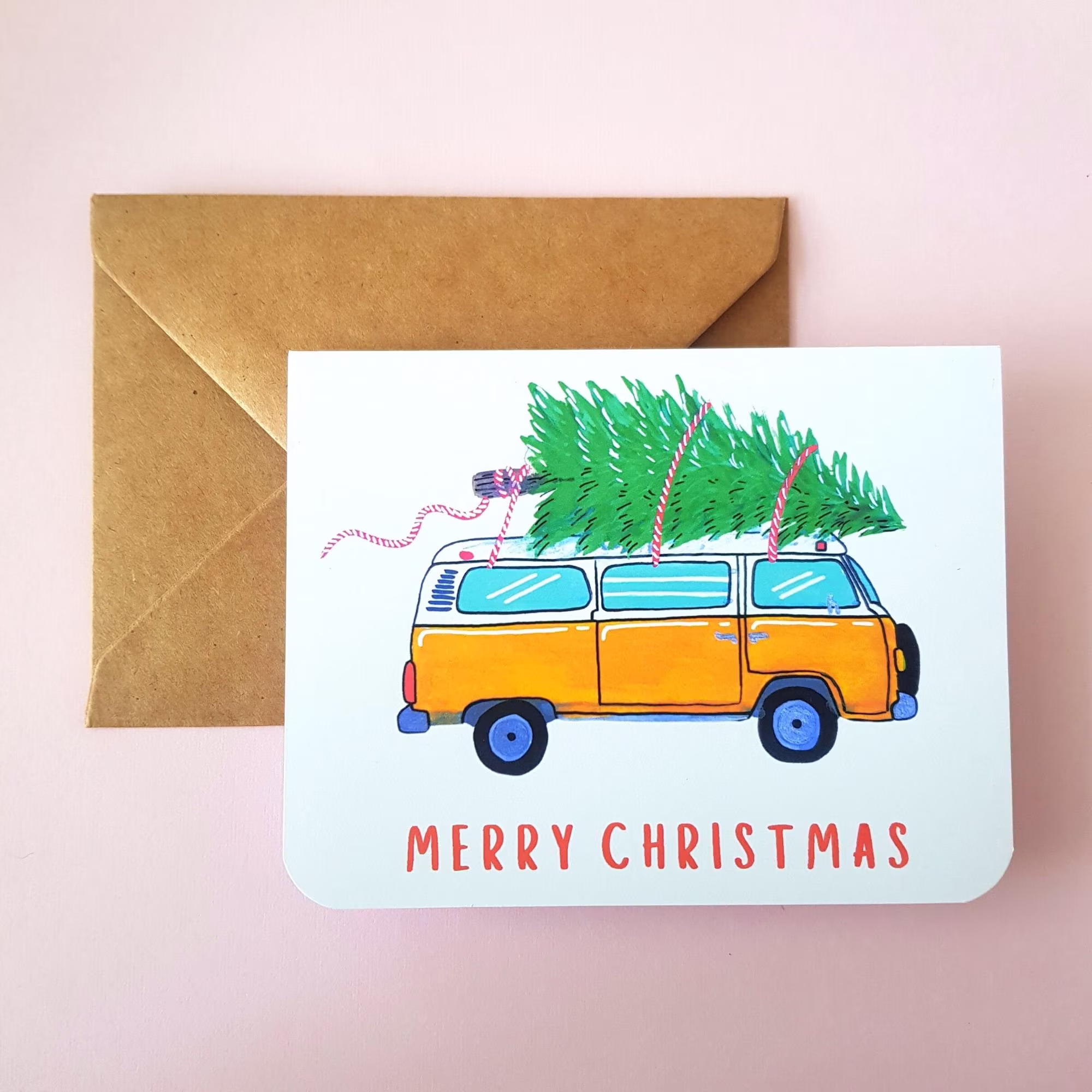 Van Life Christmas Card With Tree On Yellow Van, Vw Westfallia Tree, Classic Style Holiday | Salt & Paper