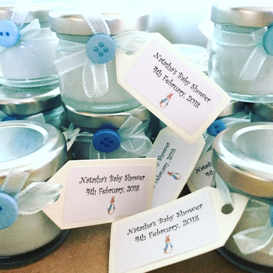 5 Personalised Mini Candles With Tied Labels, Wedding Favours, Baby Shower Hen Party Personalised Candles, Favours
