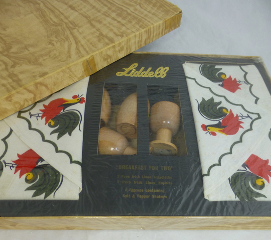 Vintage Liddell Pure Irish Linen Breakfast Set For Two - 2 Tray Cloths, Napkins, Wood Egg Cups & Salt & Pepper Shaker Cockerel Design