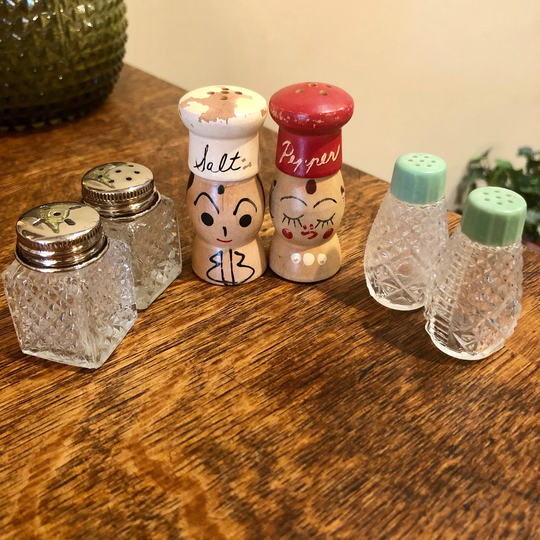 Vintage Salt & Pepper Shakers Mixed Lot Retro Serving Kitchen Decor Glass Wood Mid Century Curio Cabinet