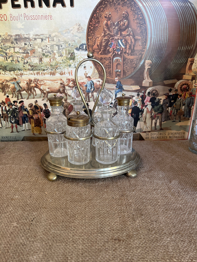 A Charming Early 20Th Century 1902 - 1910 Antique Crystal Condiment Set in A Silver Plated Metal Reg'd 8649 E.p. Burmaroid With Handle