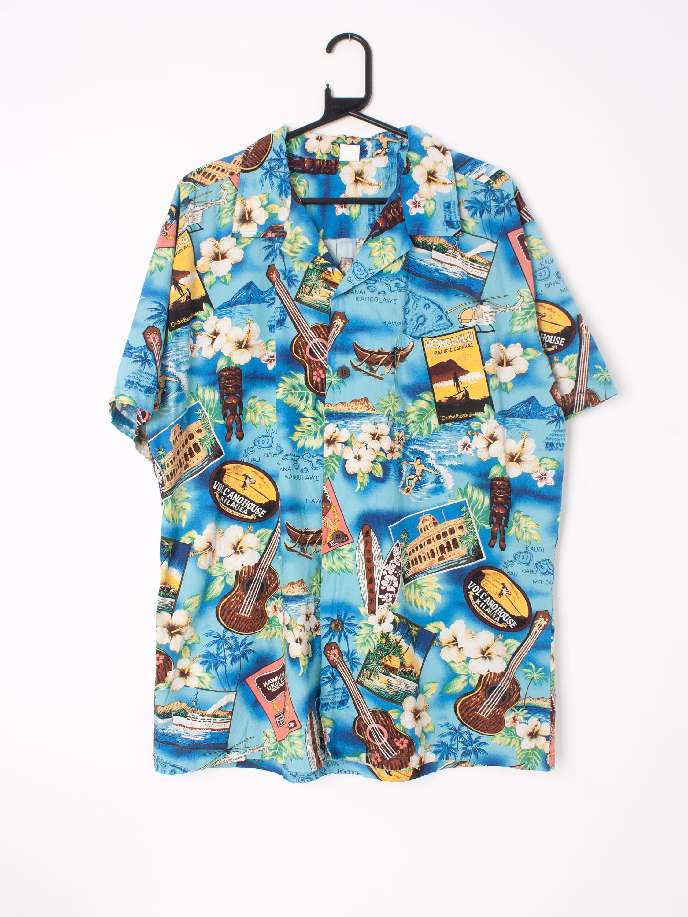 Mens 90S Vintage Palmwave Hawaiian Shirt Featuring Vibrant Sightseeing Postcards & Motifs - Large/Xl