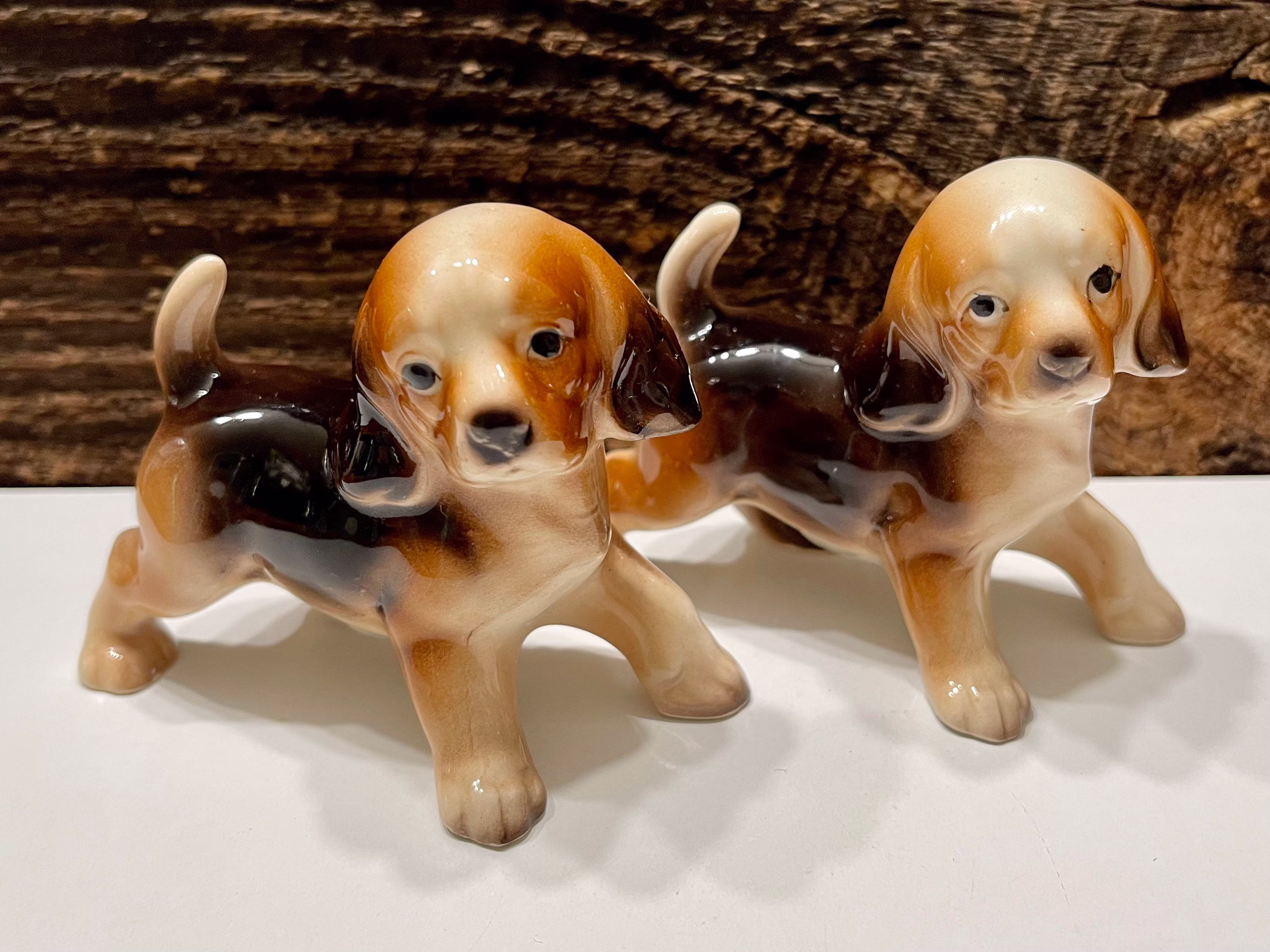 Vintage Dog Shakers, Brown White & Black Spotted Puppies Salt Pepper Plastic Stoppers, Made in Japan