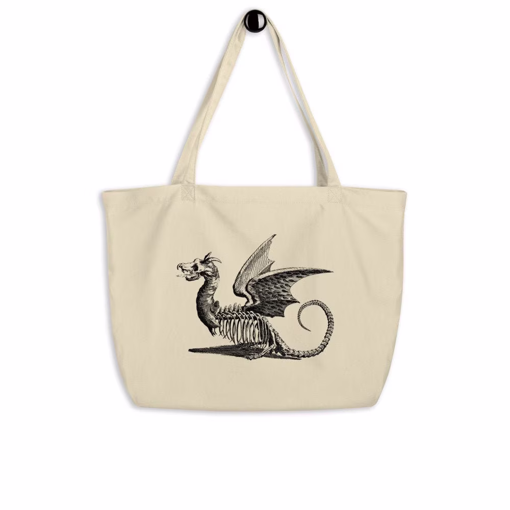 Large Tote Bag, Dragon Skeleton, Organic Cotton, Purse, Grocery Bag