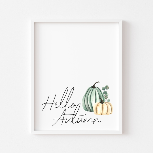 Autumn Print, Hello Pumpkins Unframed Print|Autumnal Prints|Autumn Decor|Seasonal Decor|Wall Art|Watercolour|Fall|Teal White Decor