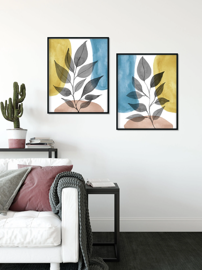 Abstract Botanical Print Set, Set Of 2 Prints Botanical, Green Leaf Wall Art, Over The Bed Wall Decor, Powder Room Decor, Leaf Poster