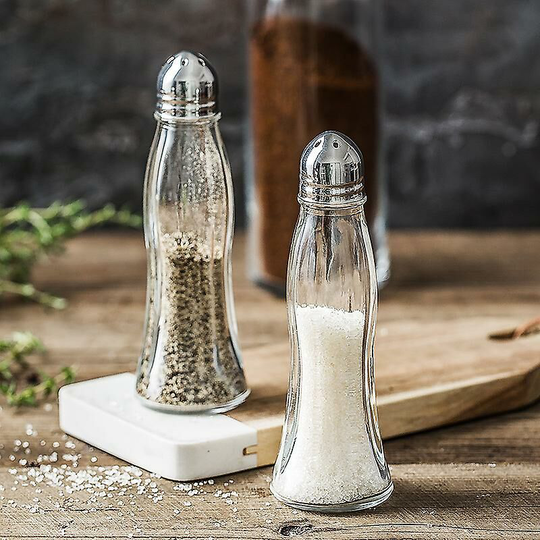 Salt And Pepper Shakers Glass Set, Clear Curved Design, Classic Restaurant Style, Glass Body With Stainless Steel Lids
