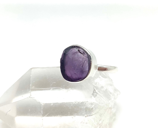 Amethyst Silver Ring Size 8/Organic Raw Ice Oval February Birthstone 925 Sterling