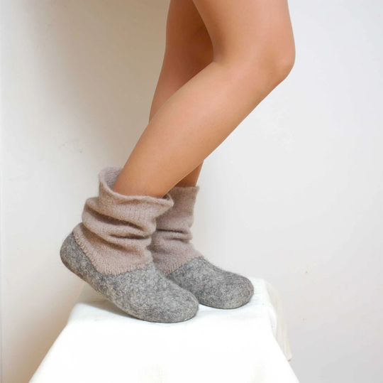 Felted Wool Slipper Boots Grey - Organic Felt Boiled Shoes Valenki Ugg Women Slippers House