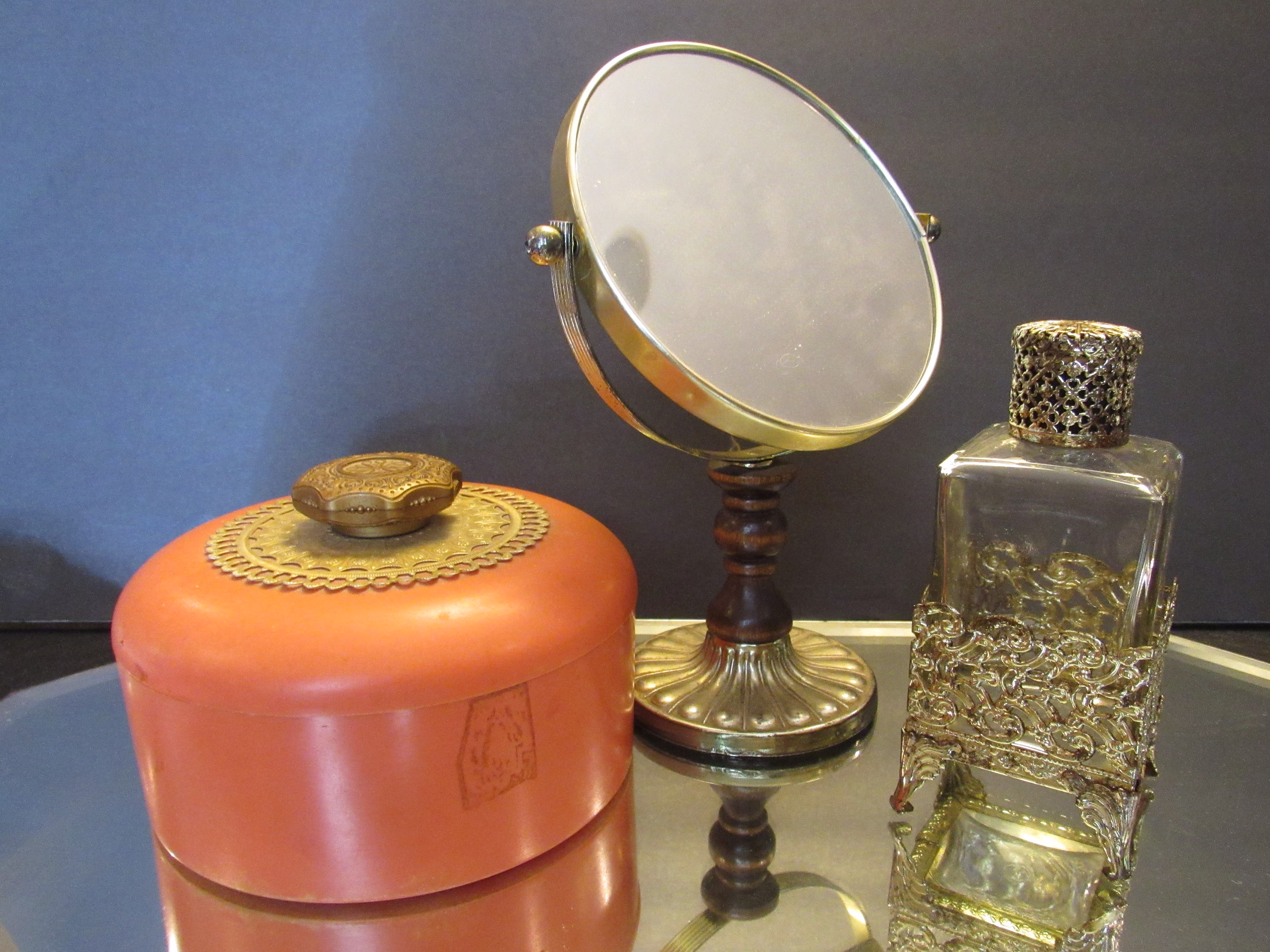Vintage Vanity Accessories Each Standing Mirror Gilt Perfume Bottle Or Powder Box