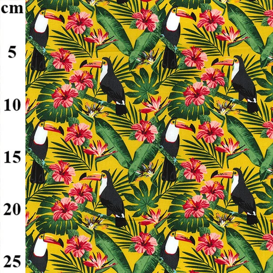 100% Cotton Fabric - Toucan Tropical Bird Hibiscus & Palm Leaf On Yellow Craft Material Metre