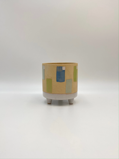 Swift Indoor Handmade Plant Pot On Legs, Ceramic Plant Pot, D13cm, Housewarming Gift, Blue, Green Pattern