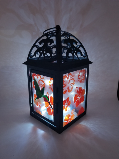 The Hummingbird Custom Handmade Glass Lantern | Outdoor Deck Light Themed Decor Red Hibiscus Flower Led Candle