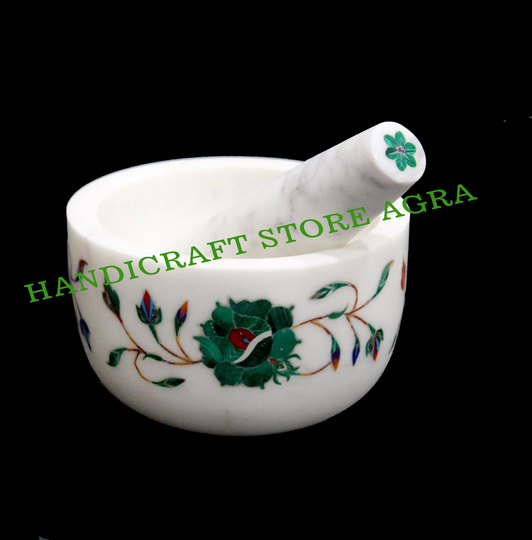 Marble Mortar & Pestle Inlaid With Semi-Precious Stone For Home & Kitchen, Kitchen Utensil, Accessories