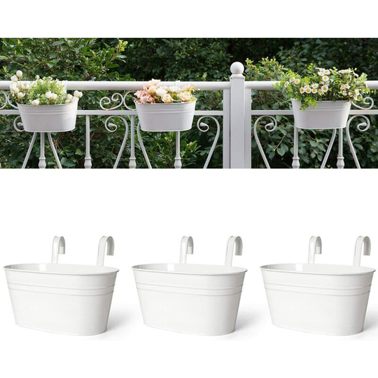 Readcly - Metal Iron Hanging Plant Pot for Railing Fence Hanging Bucket Rustic Style Window Planter with Detachable Hook Home Decor, White, 3 Pieces