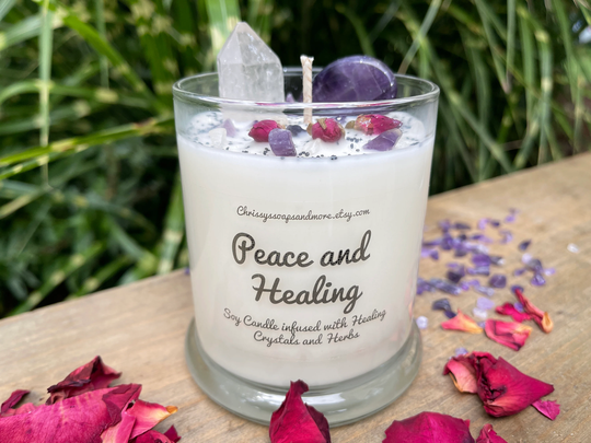 Peace & Healing Crystal Candle - Luxury Soy Amethyst Worry Stone Mindfulness Gift Intention