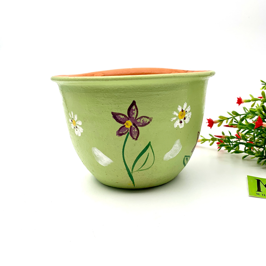 Vintage Hand Painted Terra Cotta Planter Green Floral Motif Half Circular My40Yearcollection