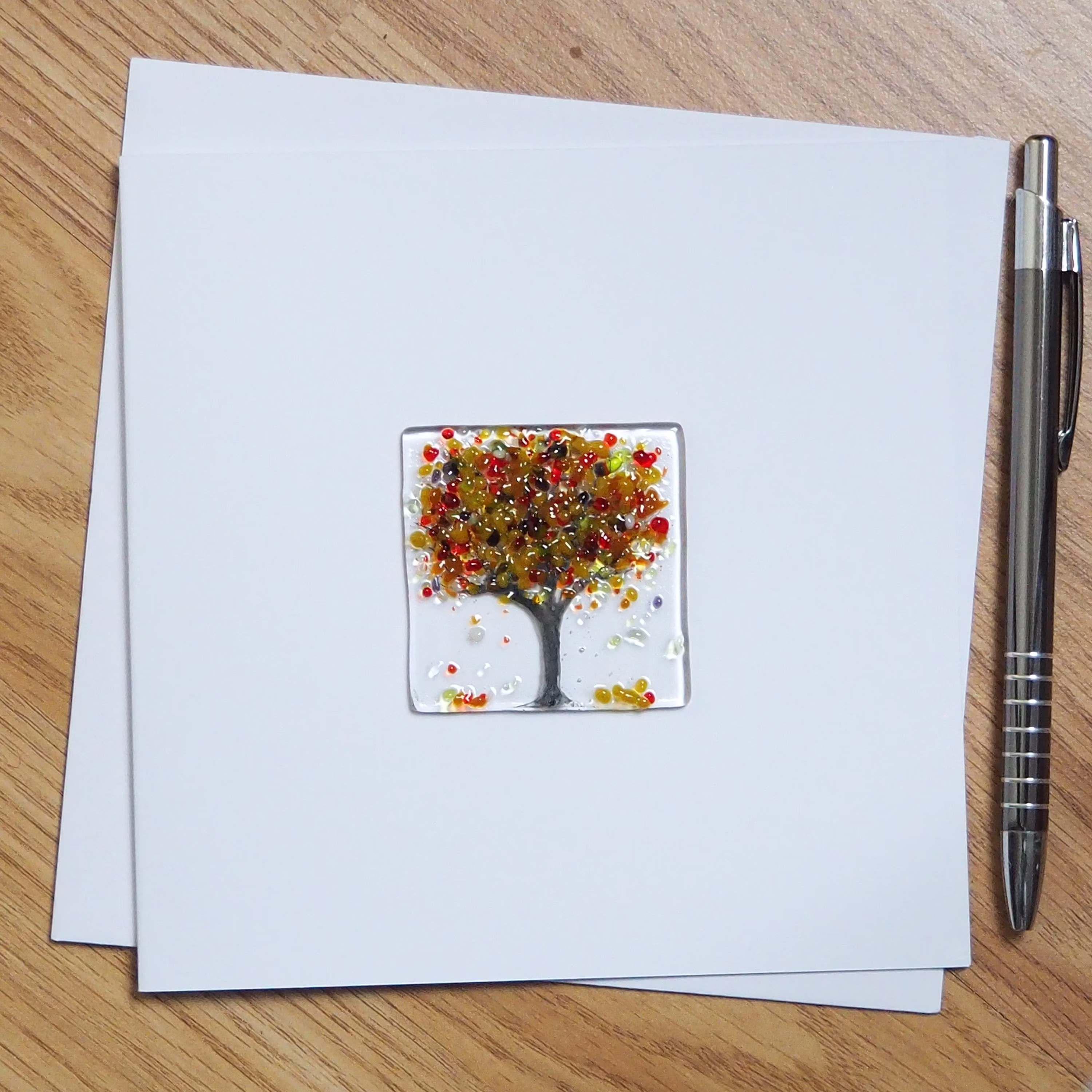 Autumn Tree Greeting Card - Four Seasons Handmade Fused Glass Acer Greetings With Art Keep & Frame Egc 1055
