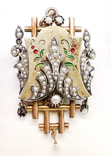 Lady's Vintage Enamel, Seed Pearl, & Yellow Gold Brooch Can Also Be Worn As A Pendant