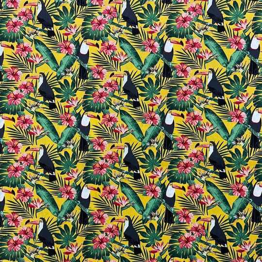 Rose & Hubble Aloha Hawaiian Pecan Birds With Tropical Leaves & Hibiscus Flowers 100% Cotton Poplin Fabric | Ideal For Sewing, Dressmaking