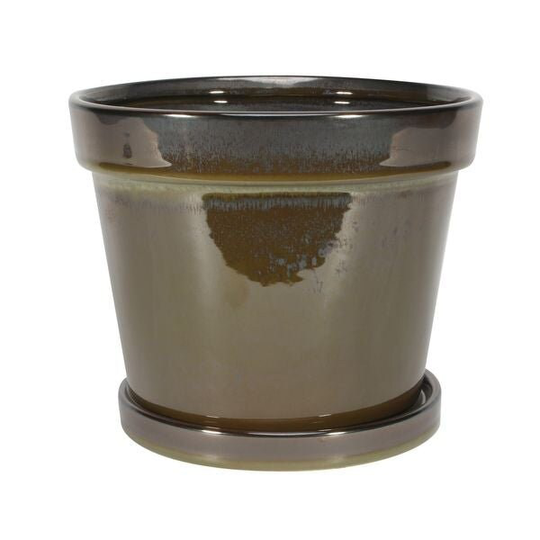 Painted Pot With Saucer Vintage Brown-stoneware | 20x17cm - Fast & Free UK Delivery