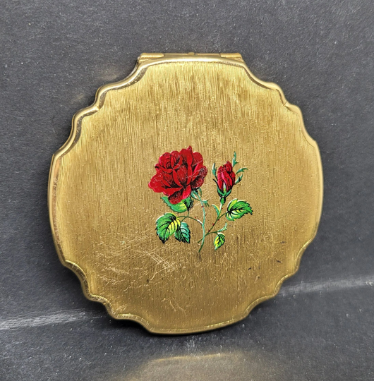 Vintage Stratton Petite Powder Compact Brushed Gold Red Roses 1960S