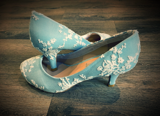 Something Blue Pale Baby Sky Powder Heels Covered in Beautiful Bridal Lace. Available Other Heel Heights & All Sizes