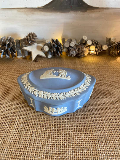 A Lovely Vintage Powder Blue Wedgwood Jasperware Trinket Box With Cherubs
