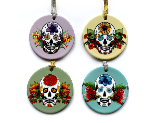 Set Of 4 Seasonal Sugar Skulls Christmas Tree Ornaments. Hand-Printed, Doubled Sided. Skull Decorations, Gothic Decor