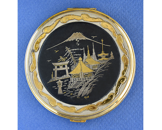 Large Damascene Powder Compact, Japanese Motive, Mt. Fuji On Black Gold Silver 1950's Compact