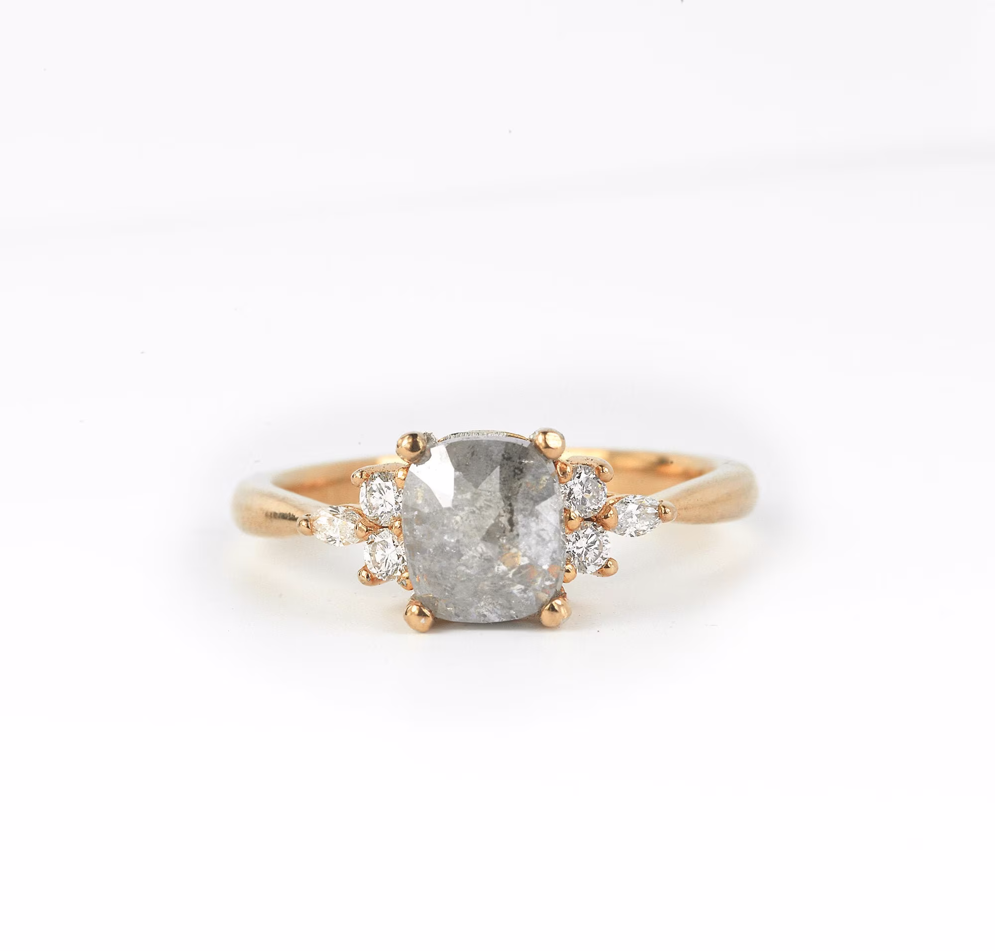 Diamond Ring-Rose Cut Engagement Ring-Salt & Pepper Ring-Dainty Gold Ring-Cushion Cut Ring