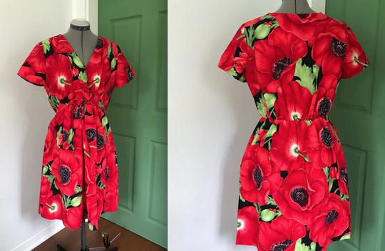 Vintage Handmade Red Hibiscus Print Dress, Novelty Floral Summer Polynesian Dress
