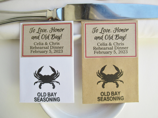 Diy Old Bay Rehearsal Dinner Favors For Maryland Wedding, Personalized Packets With Crab Motif, To Love Honor And