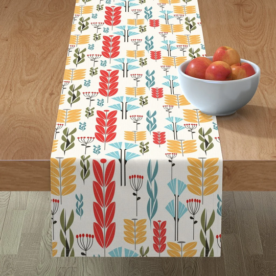 Mid Century Nature Table Runner - Herbs & Grasses By Mirimo_Design Leaves Wallpaper Cotton Sateen Spoonflower