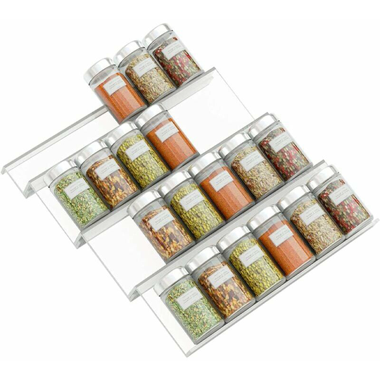 Tiers - Expandable pvc Spice Rack for Kitchen Drawer - Drawer Storage for Spices, Condiments, Herbs, etc. transparent