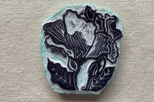 Hand Carved Hibiscus Blossom Rubber Stamp | Flower Leaf & Bud One-Of-A-Kind Floral