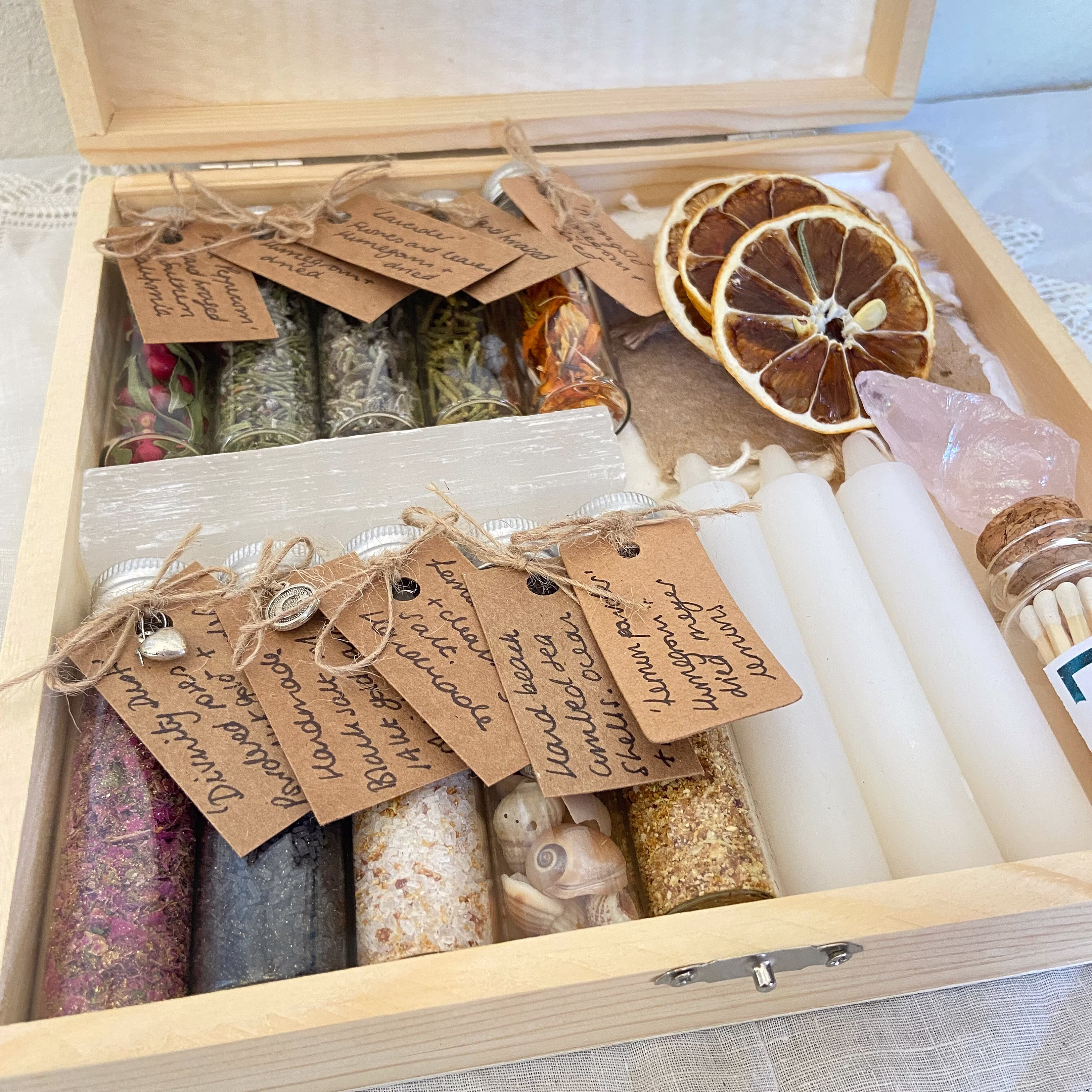 Apothecary Box. Modern Witchcraft/Spirituality, Herbalism Kit, W. Homegrown Herbs, Crystals, Handmade Manifestation Papers, & Candles